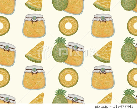 Seamless pattern of fruits from jam jars. Hand drawn watercolor illustration. For menus, labels, paper, textiles Seamless pattern of fruits from jam jars. Hand drawn watercolor illustration. For menus, labels, paper, textiles 119477443