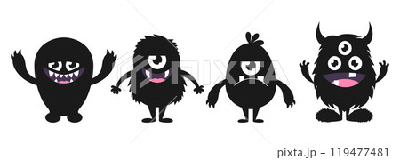 Cute cartoon monsters set. Funny black creature silhouettes in childish style. Vector illustration 119477481