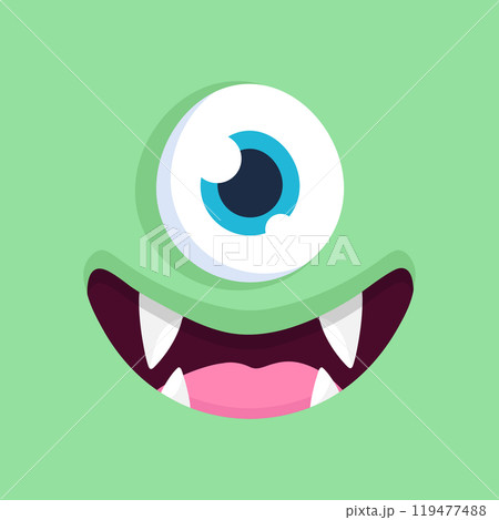 Cute cartoon one eyed monster face background. Funny smiling monster face in childish style on green background. Vector illustration Cute cartoon one eyed monster face background. Funny smiling monster face in childish style on green background. Vector illustration 119477488