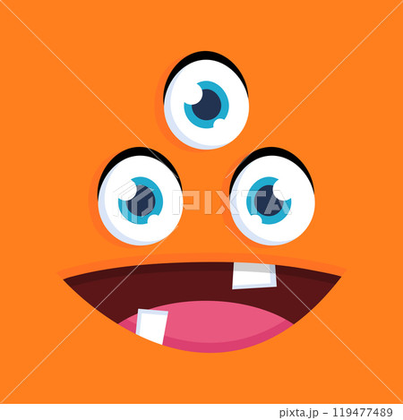 Cute cartoon three eyed monster face background. Funny monster face in childish style on orange background. Vector illustration 119477489