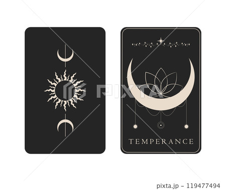 Tarot card with reverse side. Temperance Major Arcana symbol. Tarot symbolism. Mystery, astrology, esoteric. Vector illustration Tarot card with reverse side. Temperance Major Arcana symbol. Tarot symbolism. Mystery, astrology, esoteric. Vector illustration 119477494