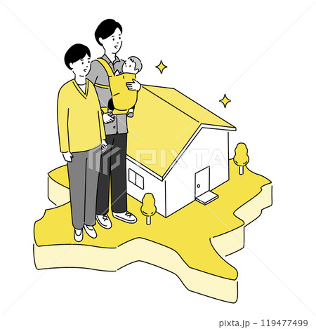 群馬県の地図と若い家族・家のイラスト、ベクター	 119477499
