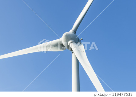 Close-up of wind power systems with a blue sky background on the west coast of Taiwan. 119477535