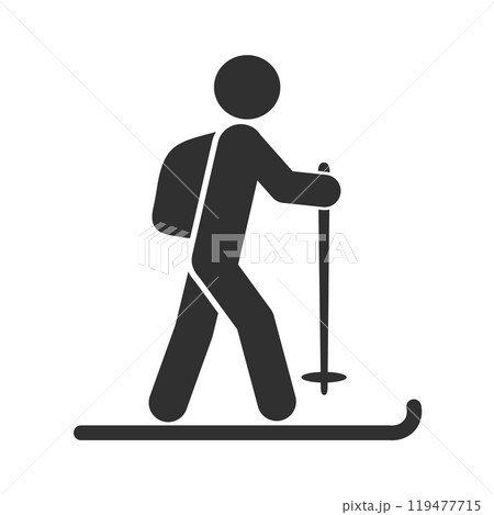 Skiing man with backpack figure icon symbol. Ski sport stick man logo sign. Vector illustration image. Isolated on white background. 119477715