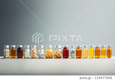 Assorted pills filled bottles line-up 119477808