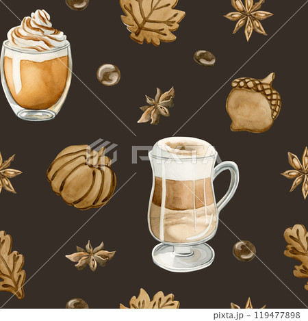Coffee Latte Macchiato, Pumpkin Spice Latte Coffee and Autumn leaves cookies. Watercolor seamless pattern on dark background for food bakery design, kitchen textile, delicious fabric, wrapping paper Coffee Latte Macchiato, Pumpkin Spice Latte Coffee and Autumn leaves cookies. Watercolor seamless pattern on dark background for food bakery design, kitchen textile, delicious fabric, wrapping paper 119477898