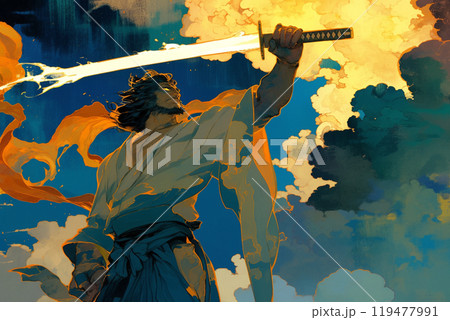 スサノオが光る刀を高く掲げた勇壮な姿 スサノオが光る刀を高く掲げた勇壮な姿 119477991