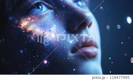 A woman's face merges with the cosmos, symbolizing the connection between humanity and the vast universe. Generated AI. 119477995