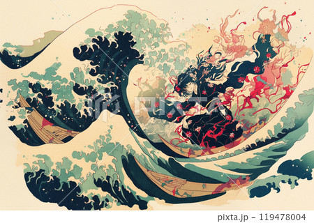 浮世絵風 波と魚のアート作品 絵画 浮世絵風 波と魚のアート作品 絵画