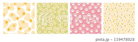 Cute simple seamless patterns. Repeated funny elements. Kids ornaments for nursery. Dog pawprint. Delicate colors. Abstract textile print. Sun or flowers. Recent vector backgrounds set 119478028