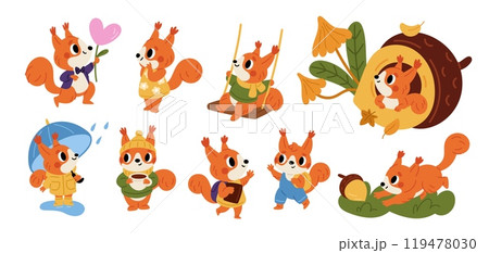 Cute squirrels. Funny little animals. Redhead fluffy mascots. Cartoon autumn forest characters. Happy mammal with backpack or umbrella. Different poses and actions. Garish vector set Cute squirrels. Funny little animals. Redhead fluffy mascots. Cartoon autumn forest characters. Happy mammal with backpack or umbrella. Different poses and actions. Garish vector set 119478030