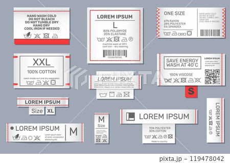 Laundry information textile labels. Clothes care instructions tags. Sewn patches with seams and text. Washing manual. Clothing size. Canvas material. Fabric garment elements vector set 119478042
