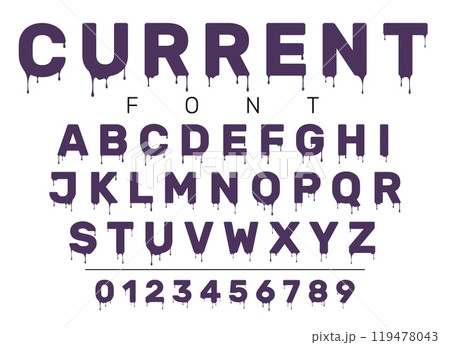 Liquid lettering. Melting font. Dripping drops alphabet. Letters and numbers design. Viscous fluid ABC. Artistic effect typography. Uppercase text symbols. Alphabetical icons vector set 119478043