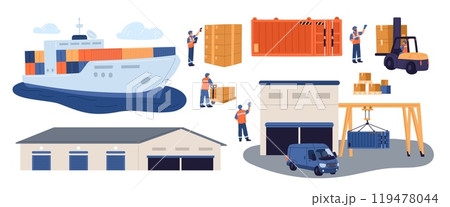 Logistics and delivery. Cargo transport. Warehouse worker in uniform. Containers loading. Forklift or crane loaders. Freight transportation ways. Storehouse building. Garish vector set Logistics and delivery. Cargo transport. Warehouse worker in uniform. Containers loading. Forklift or crane loaders. Freight transportation ways. Storehouse building. Garish vector set 119478044