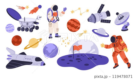 Space exploration elements. Universe adventures objects. Moon rover. Astronomer scientists in spacesuits. Satellite and rockets. Galaxy planets discovery. Cosmic shuttle. Garish vector set 119478071
