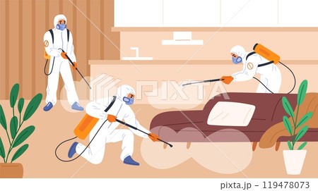 Specialists exterminate parasites in room. Pest control. Interior chemical treatment. Protective uniforms. Exterminators spray insecticide. Disinfect sprayer. Garish vector concept 119478073