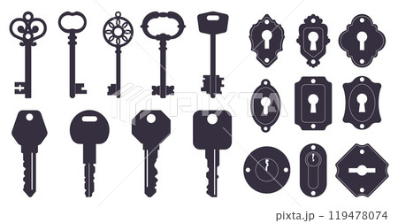 Vintage and modern keys. Lock keyholes. Black silhouette icons on white background. Different passkey shapes and carvings. Door locking. House safety. Latchkey flat symbols vector set 119478074