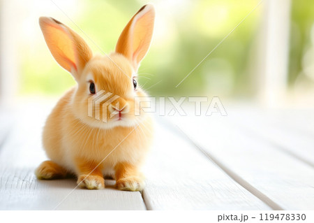 Cute Rabbit Sitting on Wood in Soft Bokeh Light 119478330
