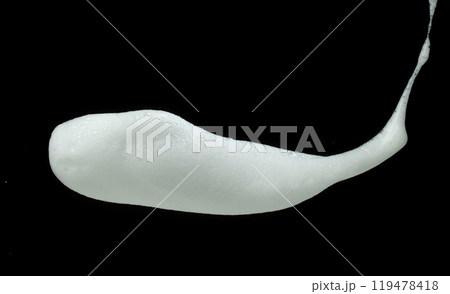 White bubble foam fly in many shape form and splashing in air. Bubble foam use to clean wash toilet kitchen bathroom. Black background isolated, texture element object White bubble foam fly in many shape form and splashing in air. Bubble foam use to clean wash toilet kitchen bathroom. Black background isolated, texture element object 119478418