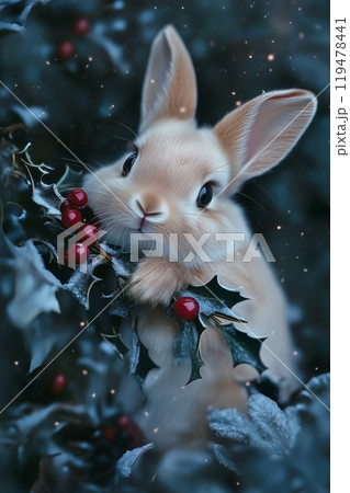 Rabbit holding a holly branch with red berries のイラスト素材 [119478441] - PIXTA