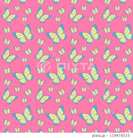Flying Butterflies Pattern. Botanical Illustration Design For Spring Summer Prints, Wallpaper, Tablecloths, Kitchen Towels, Crib Bumpers, Dress Designs For Girls, Cards, Postcards. Vector illustration 119478533