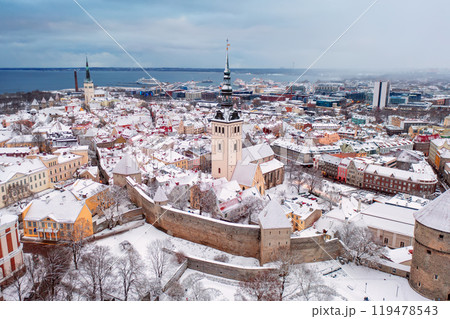 Aerial View of Tallinn in winter, roofs are covered with snow, Christmas mood 119478543