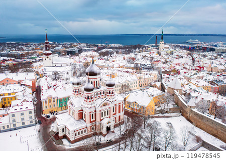 Aerial View of Tallinn in winter with Alexander Nevsky Cathedral, roofs with snow, Christmas mood Aerial View of Tallinn in winter with Alexander Nevsky Cathedral, roofs with snow, Christmas mood 119478545