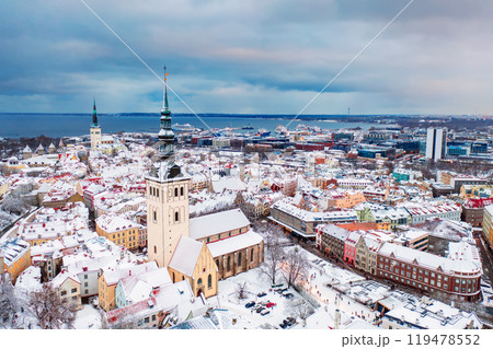 Aerial View of Tallinn in winter, roofs are covered with snow, Christmas mood 119478552