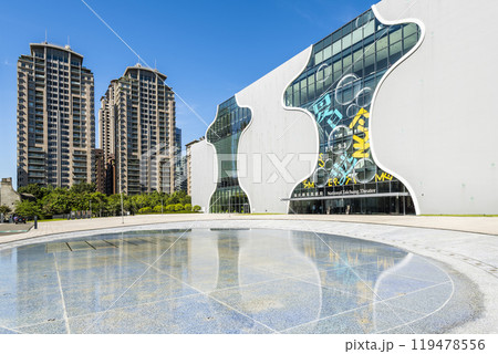 Modern building view of the National Taichung Theater in Taiwan. This is the only national performing arts center in central Taiwan. Modern building view of the National Taichung Theater in Taiwan. This is the only national performing arts center in central Taiwan. 119478556