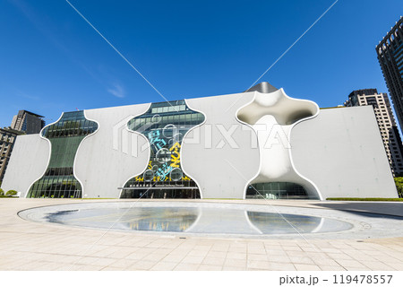 Modern building view of the National Taichung Theater in Taiwan. This is the only national performing arts center in central Taiwan. Modern building view of the National Taichung Theater in Taiwan. This is the only national performing arts center in central Taiwan. 119478557