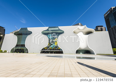 Modern building view of the National Taichung Theater in Taiwan. This is the only national performing arts center in central Taiwan. Modern building view of the National Taichung Theater in Taiwan. This is the only national performing arts center in central Taiwan. 119478558