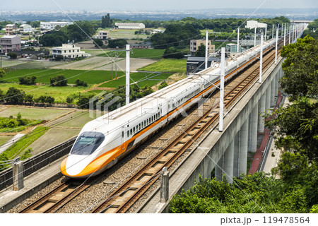 Overlooking view of the Taiwan High Speed Rail trains passing the Waipu of Taichung in Taiwan, It is the only high-speed railway in Taiwan. Overlooking view of the Taiwan High Speed Rail trains passing the Waipu of Taichung in Taiwan, It is the only high-speed railway in Taiwan. 119478564