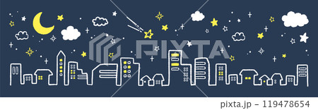 手描きの星や月とキラキラの夜空と街並みのイラスト 手描きの星や月とキラキラの夜空と街並みのイラスト 119478654