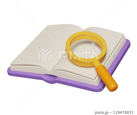 Open book with magnifying glass 3D graphic Open book with magnifying glass 3D graphic 119478833