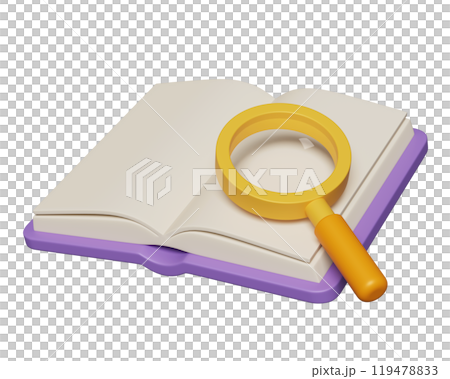 Open book with magnifying glass 3D graphic Open book with magnifying glass 3D graphic 119478833