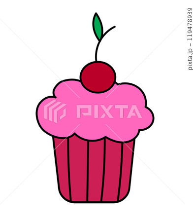Cupcake with cream and cherry berry. Sweetness dessert. Hand drawn food icons isolated on white background. Elements for the menu of cafes and restaurants. Vector Flat Illustration. 119478939