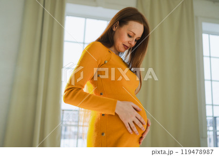 Pregnancy motherhood people expectation future. Pregnant woman with big belly standing near window at home. Girl hugging her tummy enjoying pregnancy. Maternity tenderness parenthood new life concept Pregnancy motherhood people expectation future. Pregnant woman with big belly standing near window at home. Girl hugging her tummy enjoying pregnancy. Maternity tenderness parenthood new life concept 119478987