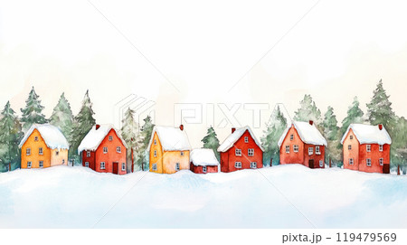 Christmas town border, european houses street with falling snow. Winter city scene, seamless water color illustration for greeting card design. 119479569