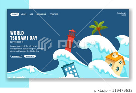 Flat Cartoon Tsunami Day Social Media Landing Page Template for Global Awareness 119479632