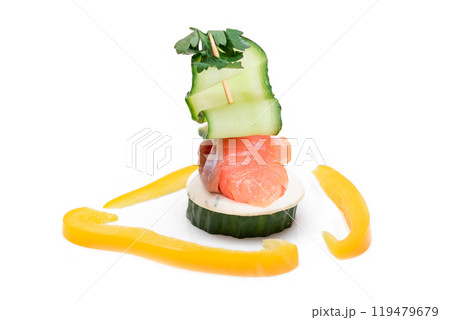 Canapes without Bread with Fresh Salmon, Cucumber and Cream Cheese - Isolated 119479679
