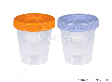 Plastic container set of two for drink food and foodstuffs with plastic cover. Colorful covers on long plastic container cup. Isolated on white background. Plastic container set of two for drink food and foodstuffs with plastic cover. Colorful covers on long plastic container cup. Isolated on white background. 119479916
