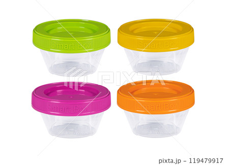 Plastic container set of four for drink food and foodstuffs with plastic cover. Colorful covers on long plastic container cup. Isolated on white background. 119479917