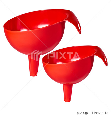 Red orange plastic funnel isolated on white background. Set of two funnels Red orange plastic funnel isolated on white background. Set of two funnels 119479918