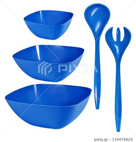 Plastic salad set. Blue bowls and fork and spoon set isolated on white 119479929