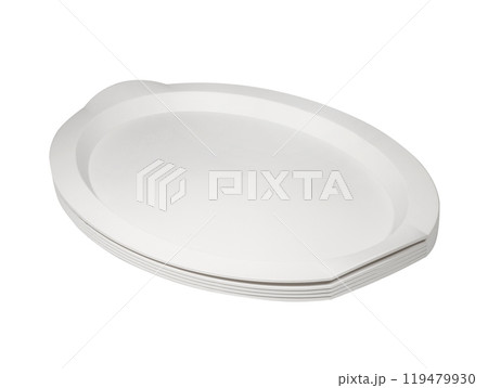 Stack of plastic trays for food isolated on white background. Plastic tray 119479930
