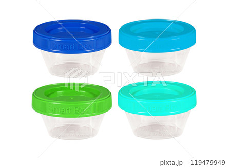 Plastic container set of four for drink food and foodstuffs with plastic cover. Colorful covers on long plastic container cup. Isolated on white background. Plastic container set of four for drink food and foodstuffs with plastic cover. Colorful covers on long plastic container cup. Isolated on white background. 119479949