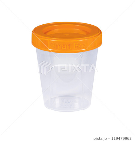 Plastic container for drink food and foodstuffs with plastic cover. Colorful covers on long plastic container cup. Isolated on white background. Plastic container for drink food and foodstuffs with plastic cover. Colorful covers on long plastic container cup. Isolated on white background. 119479962