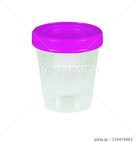Plastic container for drink food and foodstuffs with plastic cover. Colorful covers on long plastic container cup. Isolated on white background. 119479963