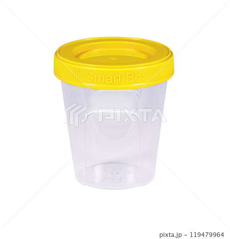 Plastic container for drink food and foodstuffs with plastic cover. Colorful covers on long plastic container cup. Isolated on white background. Plastic container for drink food and foodstuffs with plastic cover. Colorful covers on long plastic container cup. Isolated on white background. 119479964