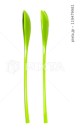 Green fork and spoon isolated on white background. Green colour objects. Eating. Salad set fork and spoon. Kitchenwear. Tablewear. Simplicity. Product design. Comfort. Kitchen utensil 119479981